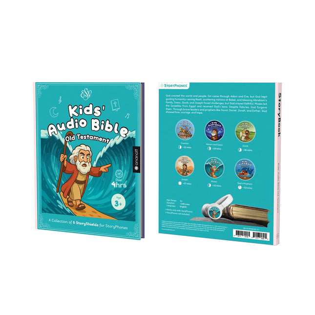 ONANOFF StoryBook “Kids' Audio Bible: Old Testament”. Front shows a cartoon Moses parting seas. Back lists six StoryShields with illustrations. Vibrant, engaging design.