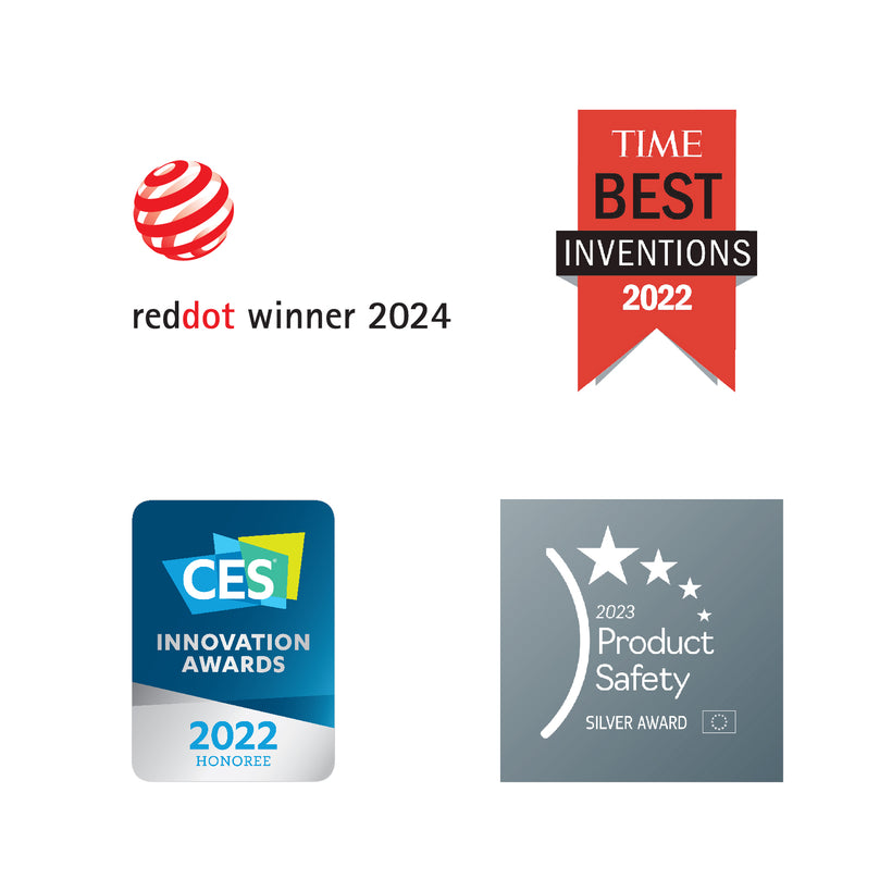 Onanoff's Awards: Red Dot Winner 2024, TIME Best Inventions 2022, CES Innovation Awards 2022, and 2023 Product Safety Silver Award.