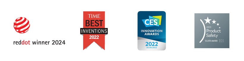 Onanoff's Awards: Red Dot Winner 2024, TIME Best Inventions 2022, CES Innovation Awards 2022, and 2023 Product Safety Silver Award.