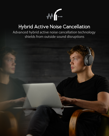 A man wearing dusk gray ONANOFF Fokus+ wireless Bluetooth headphones working on the computer.  Text talks about the Hybrid Active Noise Cancellation Technology.